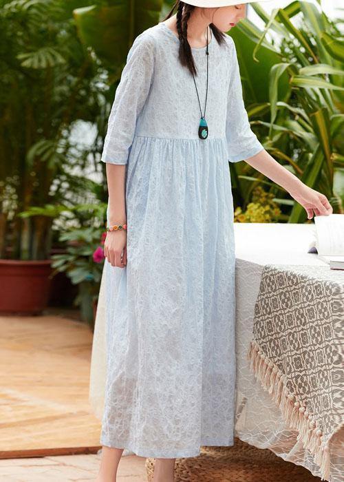 Elegant o neck pockets cotton quilting clothes design light blue Plus Size Dresses summer - SooLinen