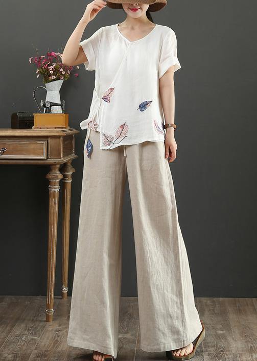 Elegant o neck short sleeve linen blouses for women Tutorials white print blouses - SooLinen