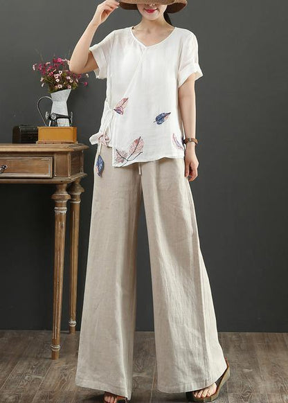 Elegant o neck short sleeve linen blouses for women Tutorials white print blouses - SooLinen