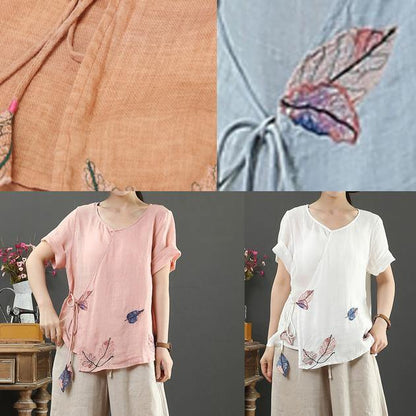 Elegant o neck short sleeve linen blouses for women Tutorials white print blouses - SooLinen