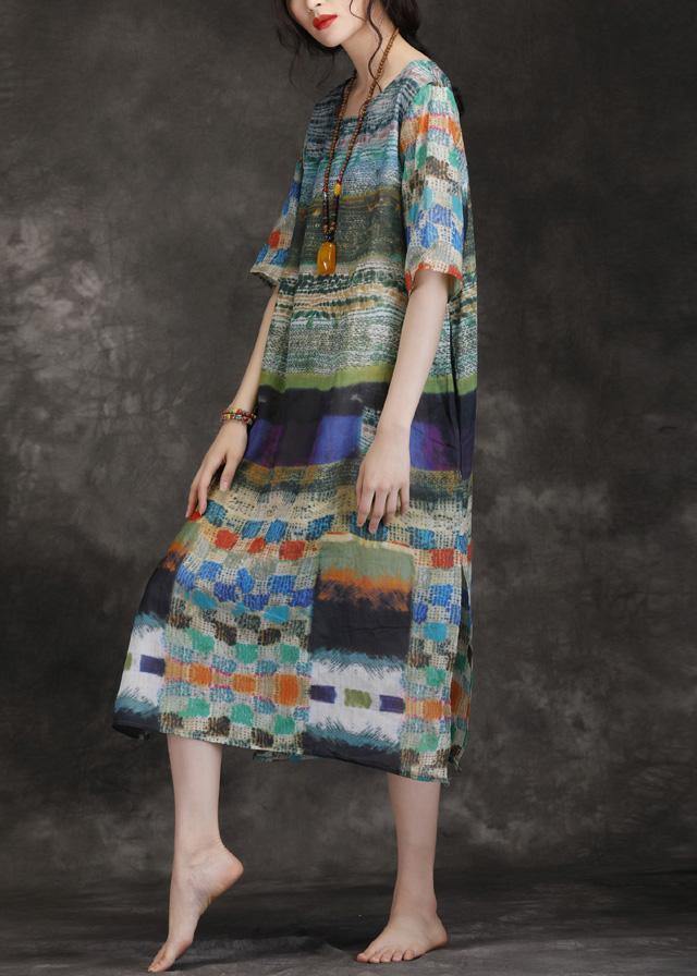 Elegant o neck side open linen multicolor Dresses summer - SooLinen