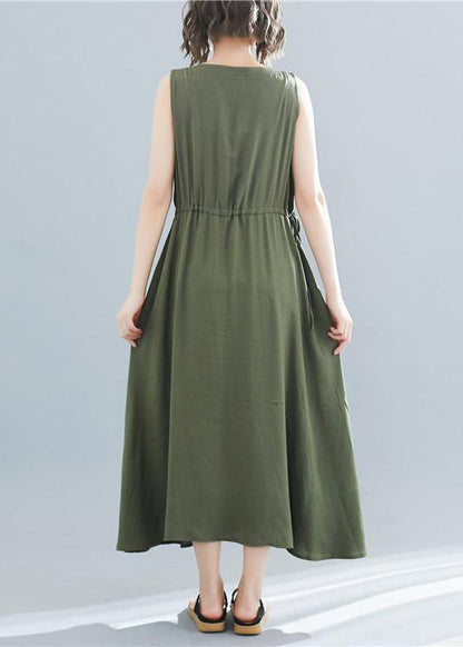 Elegant o neck sleeveless cotton Tunics Wardrobes army green Dress summer - SooLinen