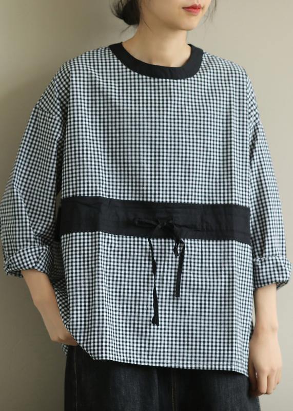 Elegant o neck tie waist fall Blouse Wardrobes black plaid shirt - SooLinen
