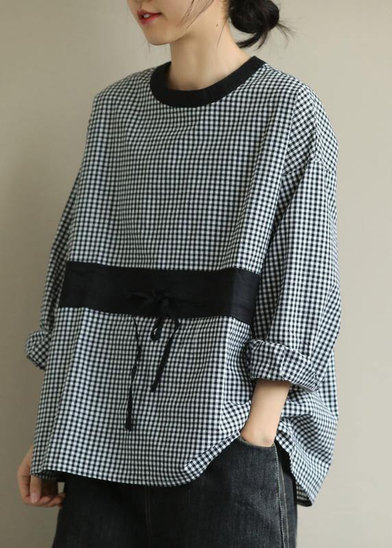 Elegant o neck tie waist fall Blouse Wardrobes black plaid shirt - SooLinen