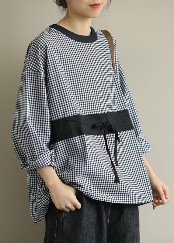 Elegant o neck tie waist fall Blouse Wardrobes black plaid shirt - SooLinen