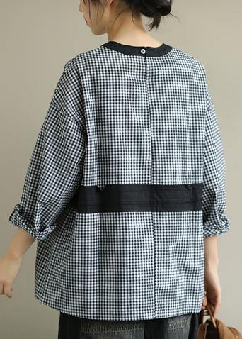 Elegant o neck tie waist fall Blouse Wardrobes black plaid shirt - SooLinen