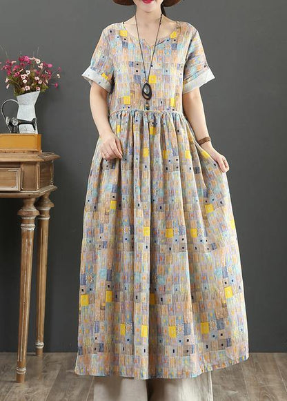 Elegant o neck Cinched cotton Robes Catwalk khaki print Dress - SooLinen