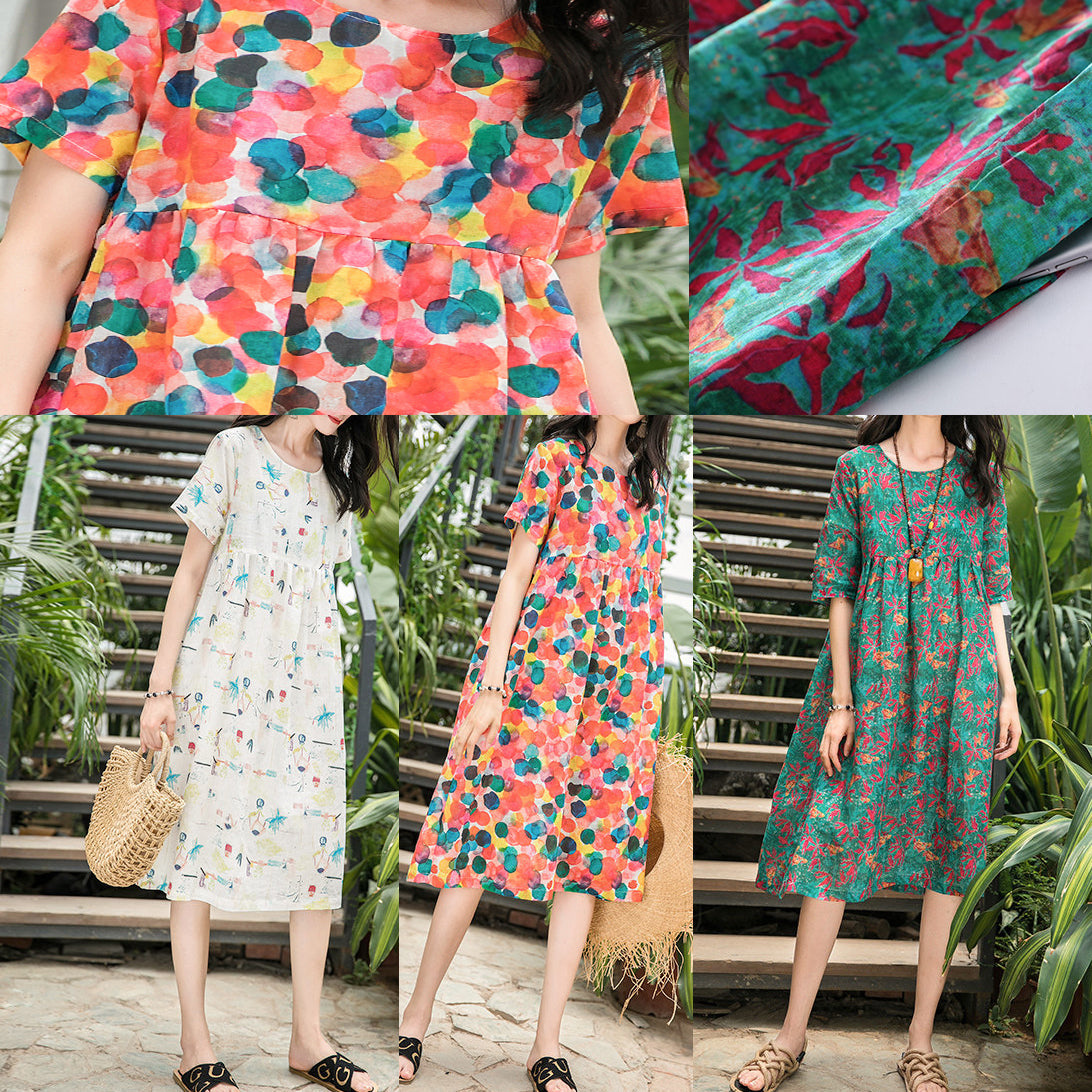 Elegante O-Ausschnitt-Leinenkleidung für Frauen in Übergröße Inspiration rosa Print übergroße Kleider Sommer