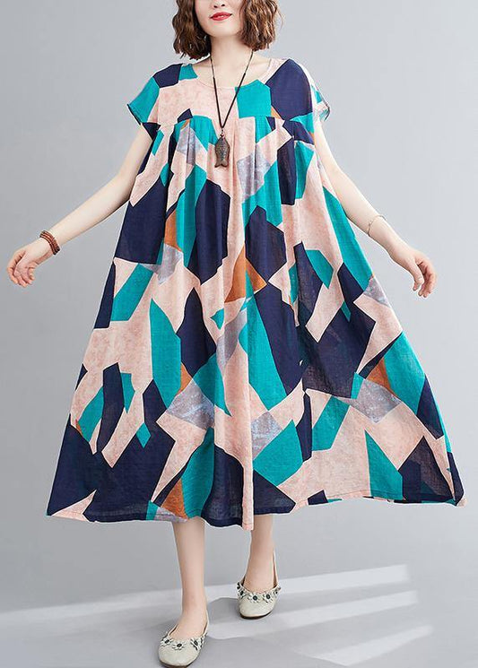 Elegant o neck Cinched summer outfit Photography blue Geometric Dress - SooLinen