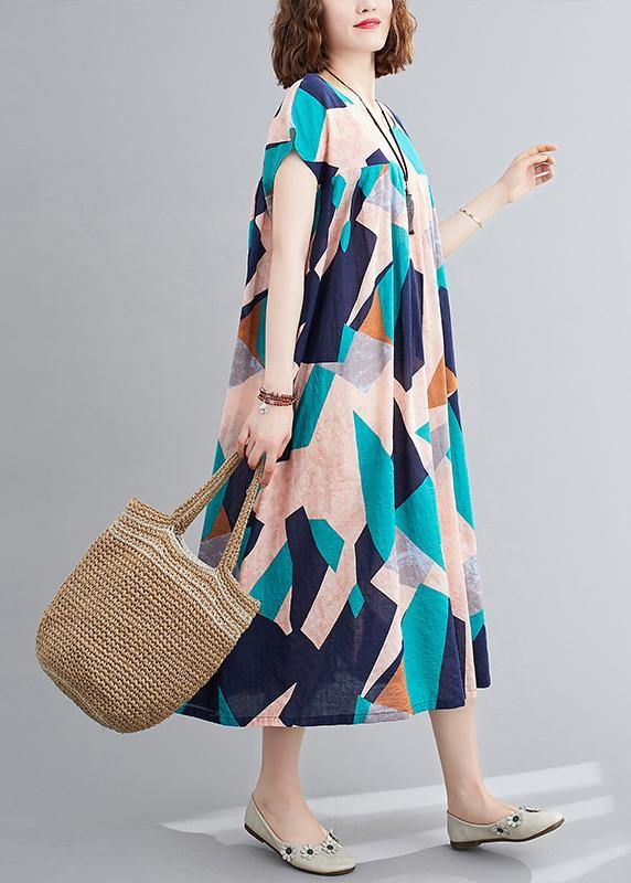 Elegant o neck Cinched summer outfit Photography blue Geometric Dress - SooLinen