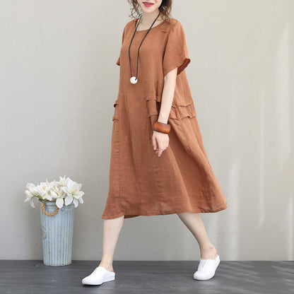 Elegante orange-khakifarbene Leinen-Etuikleider, übergroßes Leinen-Baumwollkleid 2018, Patchwork-Baumwollkleider mit Rundhalsausschnitt