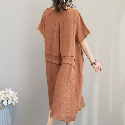 Elegante orange-khakifarbene Leinen-Etuikleider, übergroßes Leinen-Baumwollkleid 2018, Patchwork-Baumwollkleider mit Rundhalsausschnitt