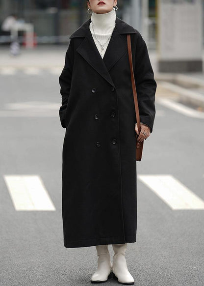Elegant oversized Coats outwear black Notched double breast woolen overcoat - SooLinen