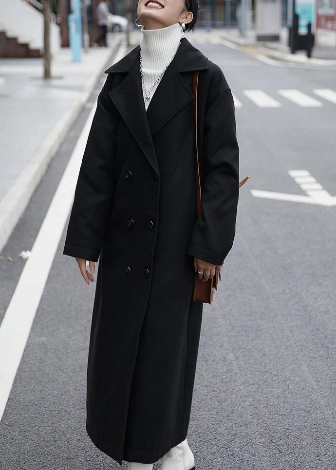 Elegant oversized Coats outwear black Notched double breast woolen overcoat - SooLinen