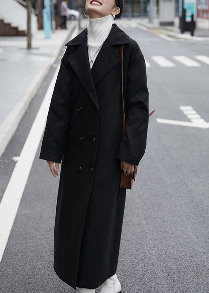 Elegant oversized Coats outwear black Notched double breast woolen overcoat - SooLinen