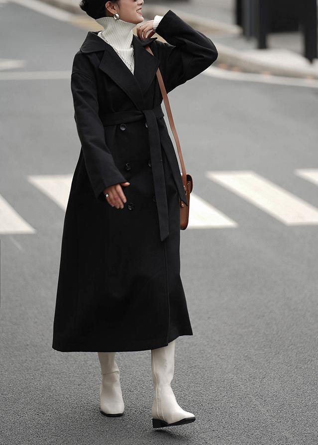 Elegant oversized Coats outwear black Notched double breast woolen overcoat - SooLinen