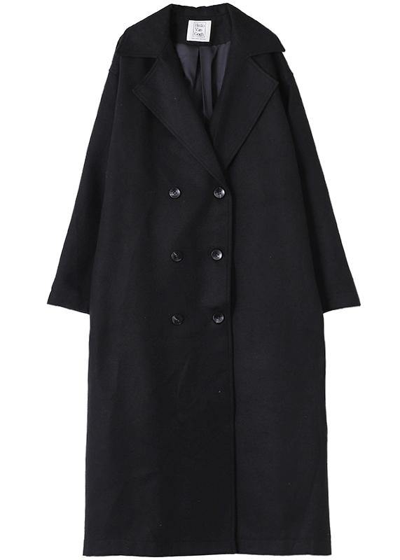 Elegant oversized Coats outwear black Notched double breast woolen overcoat - SooLinen