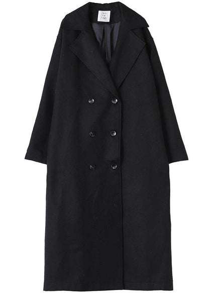 Elegant oversized Coats outwear black Notched double breast woolen overcoat - SooLinen