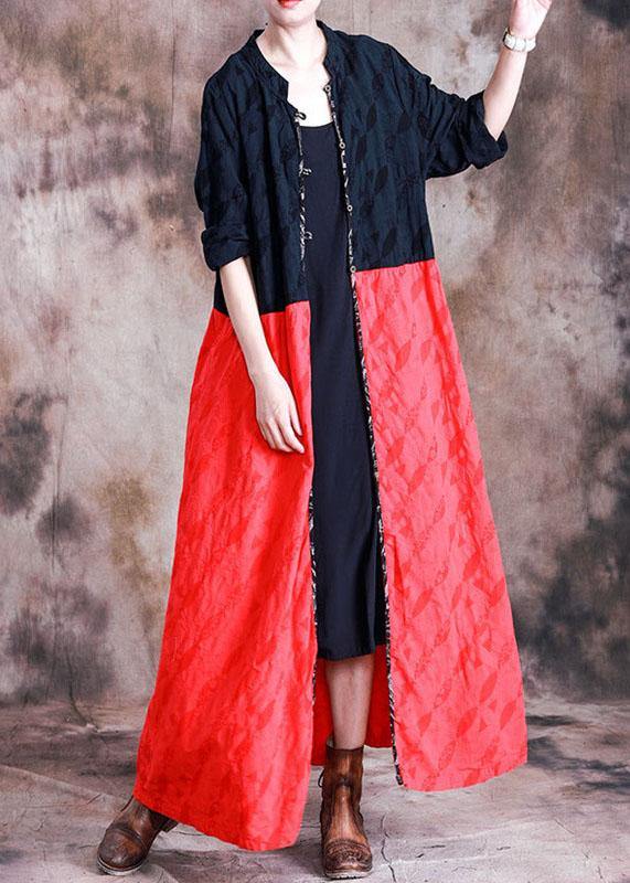 Elegant oversized long coat fall black patchwork red Jacquard pockets overcoat - SooLinen