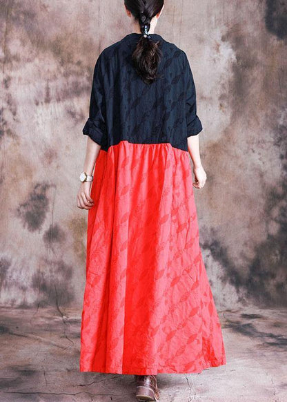 Elegant oversized long coat fall black patchwork red Jacquard pockets overcoat - SooLinen