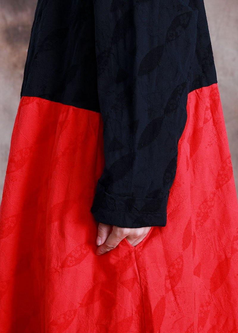 Elegant oversized long coat fall black patchwork red Jacquard pockets overcoat - SooLinen