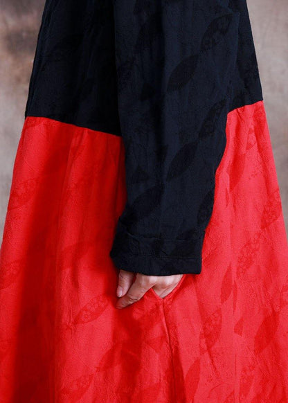 Elegant oversized long coat fall black patchwork red Jacquard pockets overcoat - SooLinen