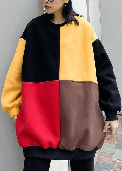 Elegant patchwork cotton o neck Tunic Inspiration yellow blouses - SooLinen