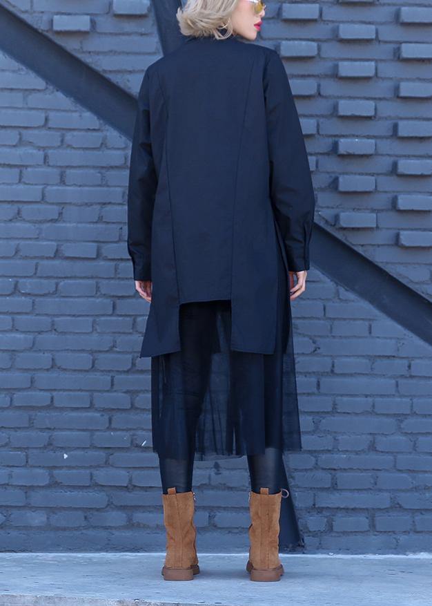 Elegant patchwork tulle cotton tunic pattern Sewing black loose Dress lapel - SooLinen