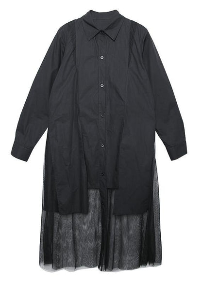 Elegant patchwork tulle cotton tunic pattern Sewing black loose Dress lapel - SooLinen
