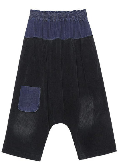 Elegant patchwork wild trousers plus size clothing black Fabrics pockets pants - SooLinen