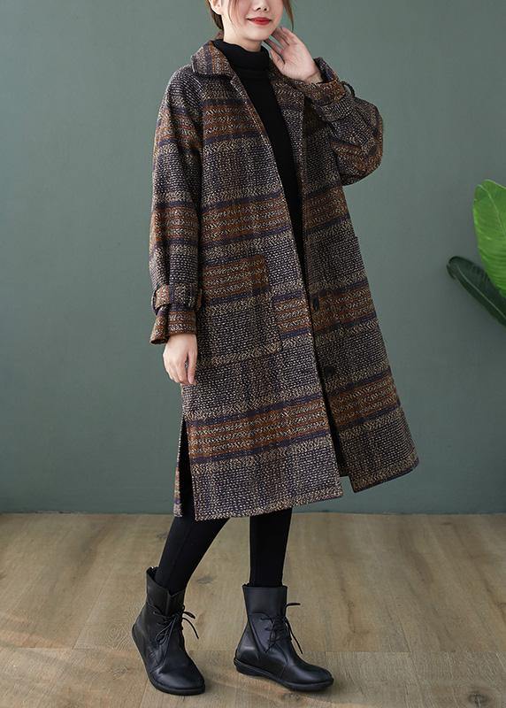 Elegant plaid Fine maxi coat Shape lapel side open coats - SooLinen