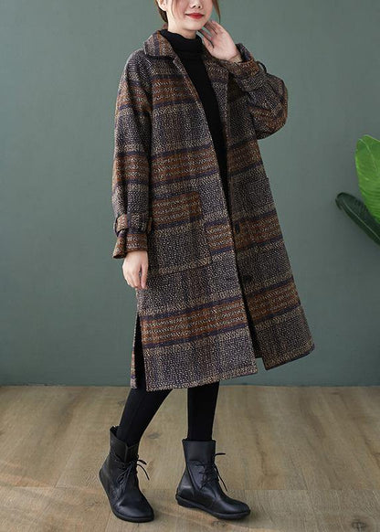 Elegant plaid Fine maxi coat Shape lapel side open coats - SooLinen