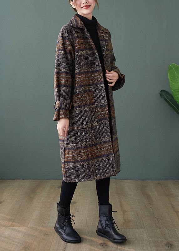 Elegant plaid Fine maxi coat Shape lapel side open coats - SooLinen
