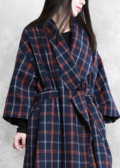 Elegant plus size Coats blue plaid Notched tie waist wool coat for woman - SooLinen
