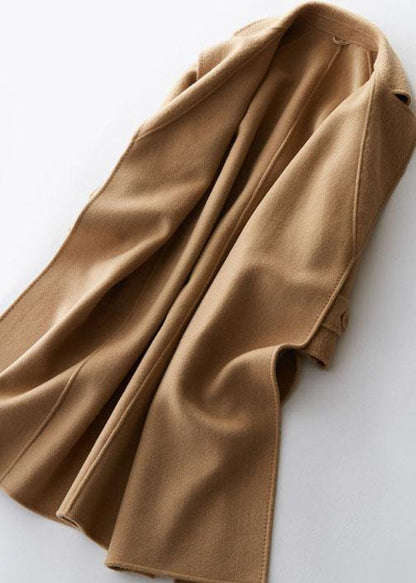 Elegant plus size clothing long jackets lapel collar women coats khaki tie waist wool overcoat - SooLinen