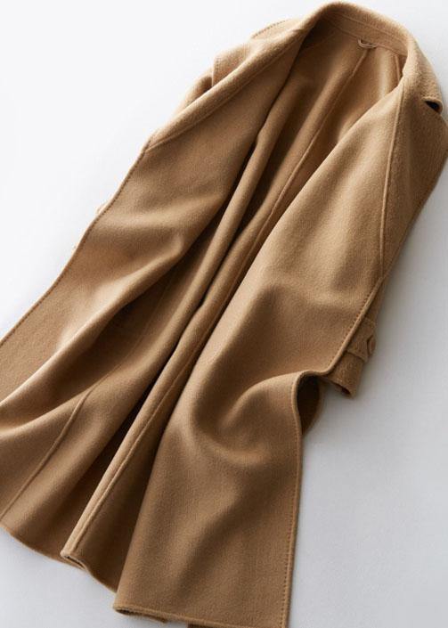 Elegant plus size clothing long jackets lapel collar women coats khaki tie waist wool overcoat - SooLinen