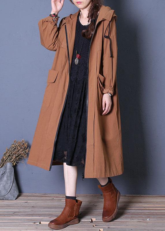 Elegant plus size long fall brown hooded drawstring coats - SooLinen
