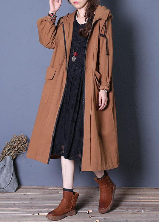 Elegant plus size long fall brown hooded drawstring coats - SooLinen