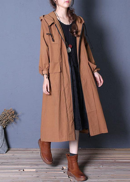 Elegant plus size long fall brown hooded drawstring coats - SooLinen