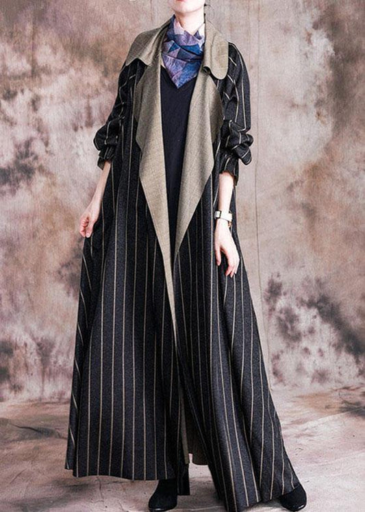 Elegant plus size long fall coat black striped Notched large hem wool overcoat - SooLinen