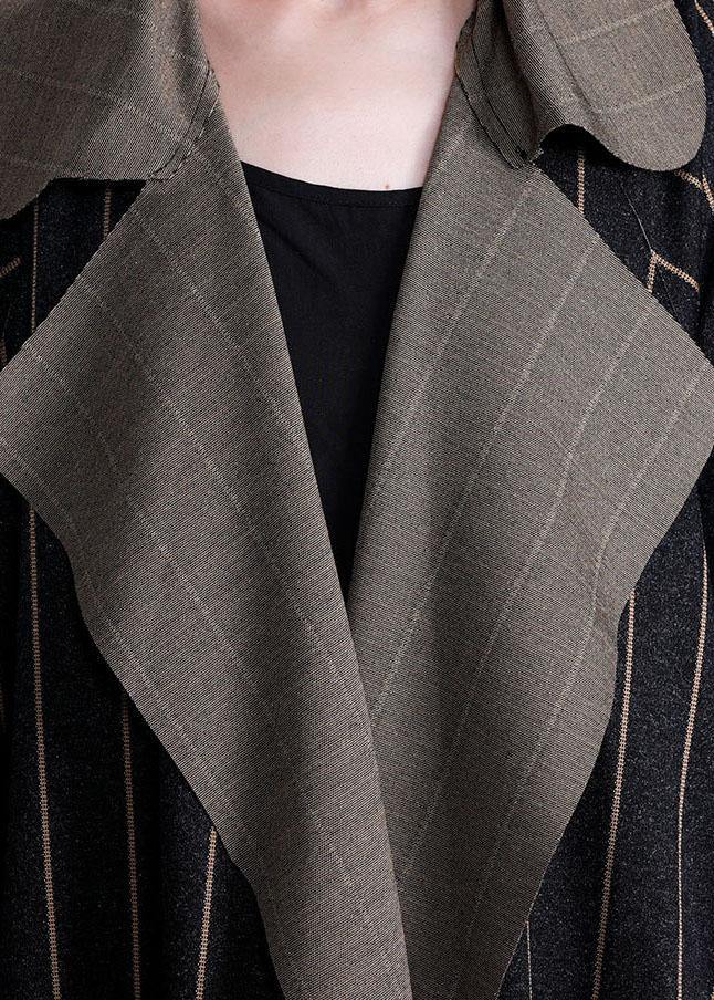 Elegant plus size long fall coat black striped Notched large hem wool overcoat - SooLinen