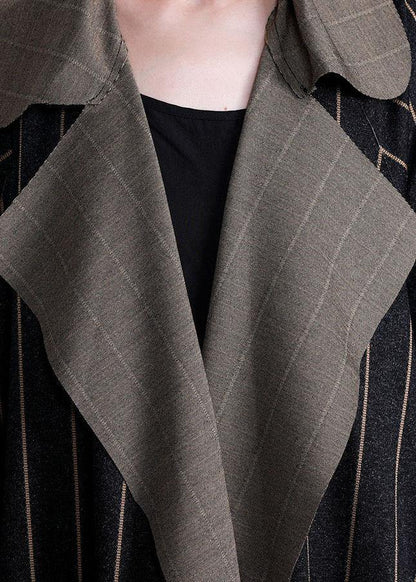 Elegant plus size long fall coat black striped Notched large hem wool overcoat - SooLinen