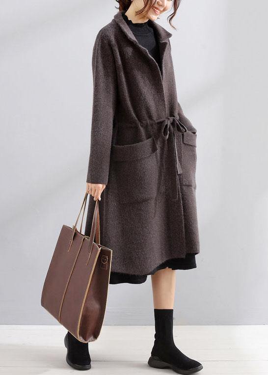 Elegant plus size maxi coat dark gray Square Collar tie waist jackets - SooLinen