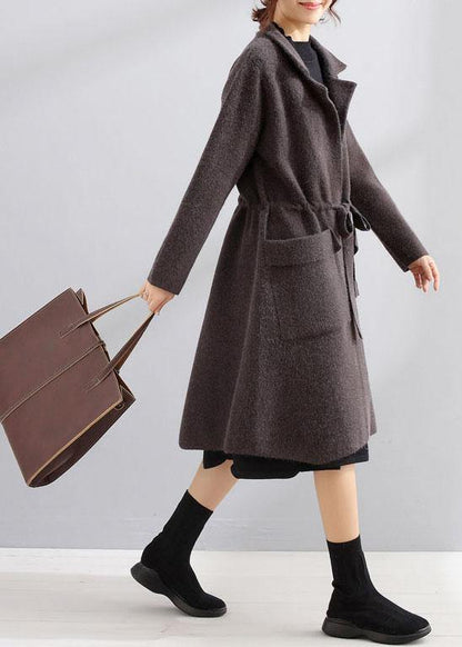 Elegant plus size maxi coat dark gray Square Collar tie waist jackets - SooLinen