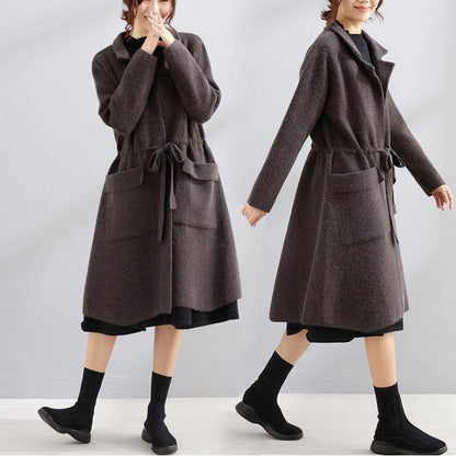 Elegant plus size maxi coat dark gray Square Collar tie waist jackets - SooLinen