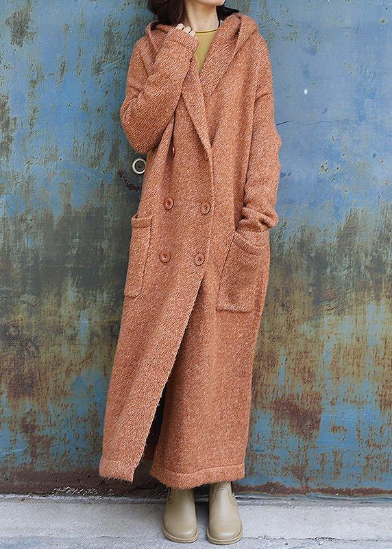 Elegant plus size maxi coat hooded jackets yellow double breast wool overcoat - SooLinen