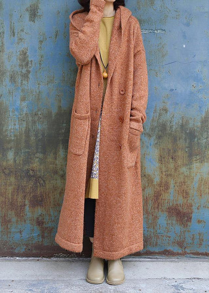 Elegant plus size maxi coat hooded jackets yellow double breast wool overcoat - SooLinen