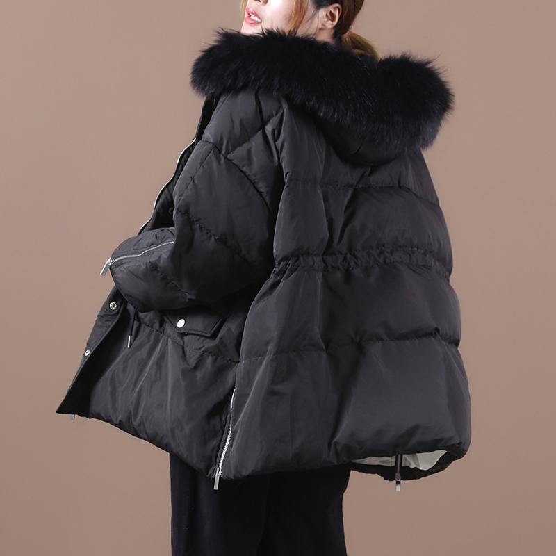 Elegant plus size snow jackets black hooded fur collar warm winter coat - SooLinen