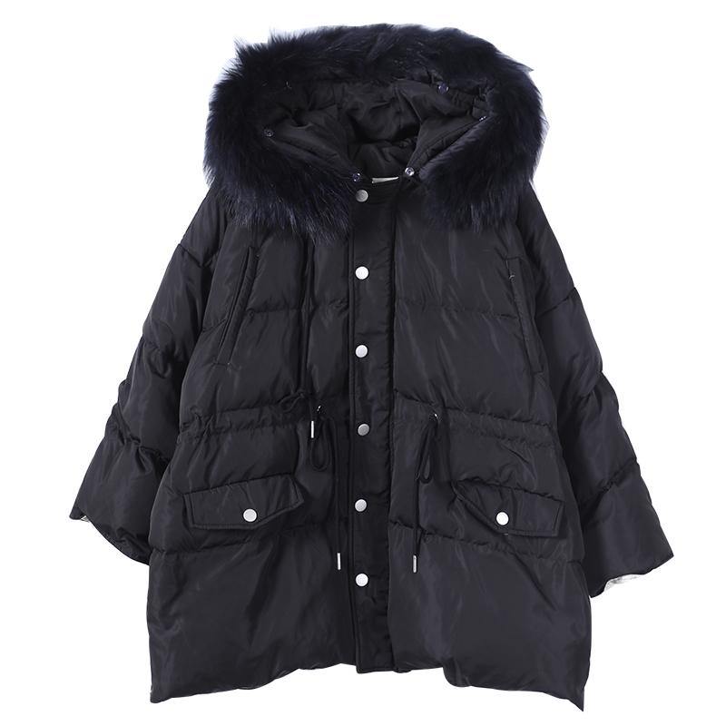 Elegant plus size snow jackets black hooded fur collar warm winter coat - SooLinen