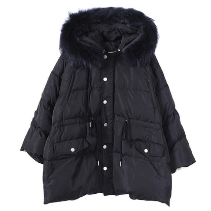 Elegant plus size snow jackets black hooded fur collar warm winter coat - SooLinen
